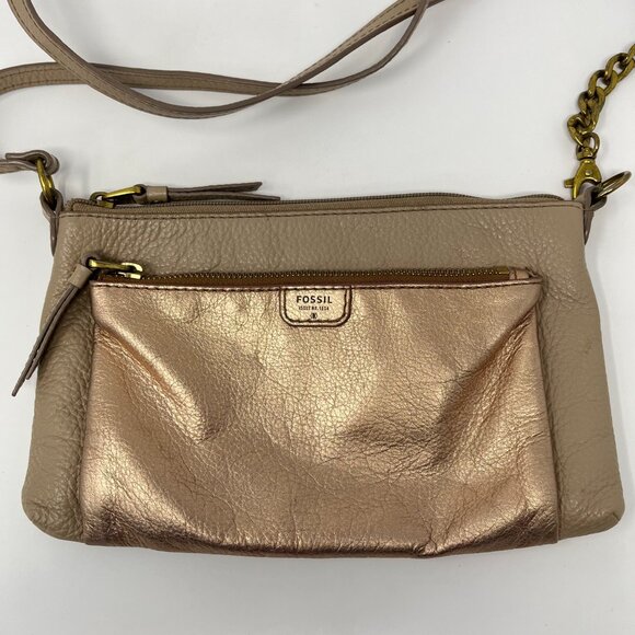 Fossil Sydney Crossbody Rose Metallic Purse Chain Leather Strap Zipper Purse Bag - Picture 3 of 13